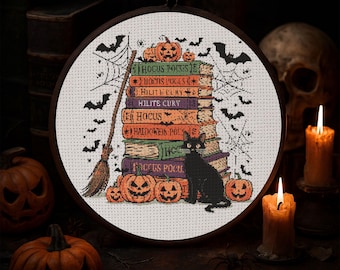 Witch Books Cross Stitch Pattern Halloween Spell Books Embroidery Black Cat Pumpkins Bats Broom Spooky Gothic Magic Fantasy PDF
