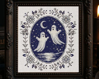 Night Sky Ghost Cross Stitch Pattern Floral Ghost Embroidery Spooky Horror Gothic  Ghosts in the Garden Magic Halloween Cross Stitch PDF