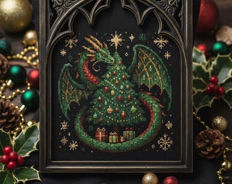 Christmas Dragon Tree Cross Stitch Pattern: Fantasy Holiday Ornament Winter Embroidery (PDF Pattern)