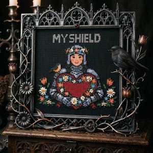 May include: Cross-stitch art piece in a gothic-style frame. The artwork features a knight with a floral heart and the text "MY SHIELD". A black bird perches on a branch. The frame is dark with floral and thorn accents.