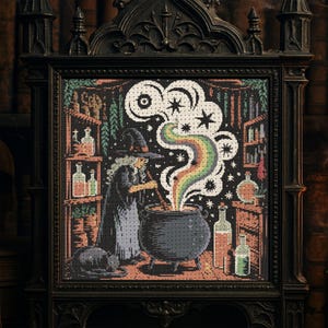 Witch Cauldron Cross Stitch Pattern Gothic Witch Halloween Embroidery Witch Brewing Potions Rainbow Smoke Stars Cat Potions Cross Stitch PDF
