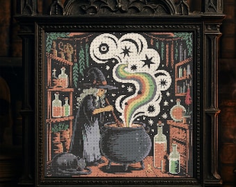 Witch Cauldron Cross Stitch Pattern Gothic Witch Halloween Embroidery Witch Brewing Potions Rainbow Smoke Stars Cat Potions Cross Stitch PDF