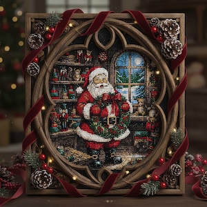 May include: A framed cross-stitch depicting Santa Claus holding a wreath, set in a wooden frame. The image features a detailed scene with a window, toys, and a festive red and green color scheme. The frame is adorned with red ribbon, pinecones, and berries.