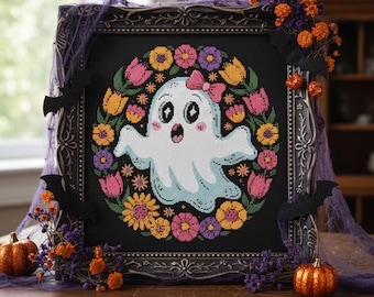 Floral Ghost Cross Stitch Pattern: Cute Halloween Wreath Embroidery with Bow and Flowers (PDF Pattern)