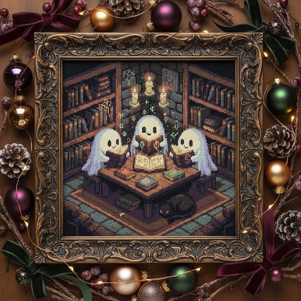 Ghost Library Cross Stitch Pattern: Halloween Gothic Embroidery (PDF Pattern)