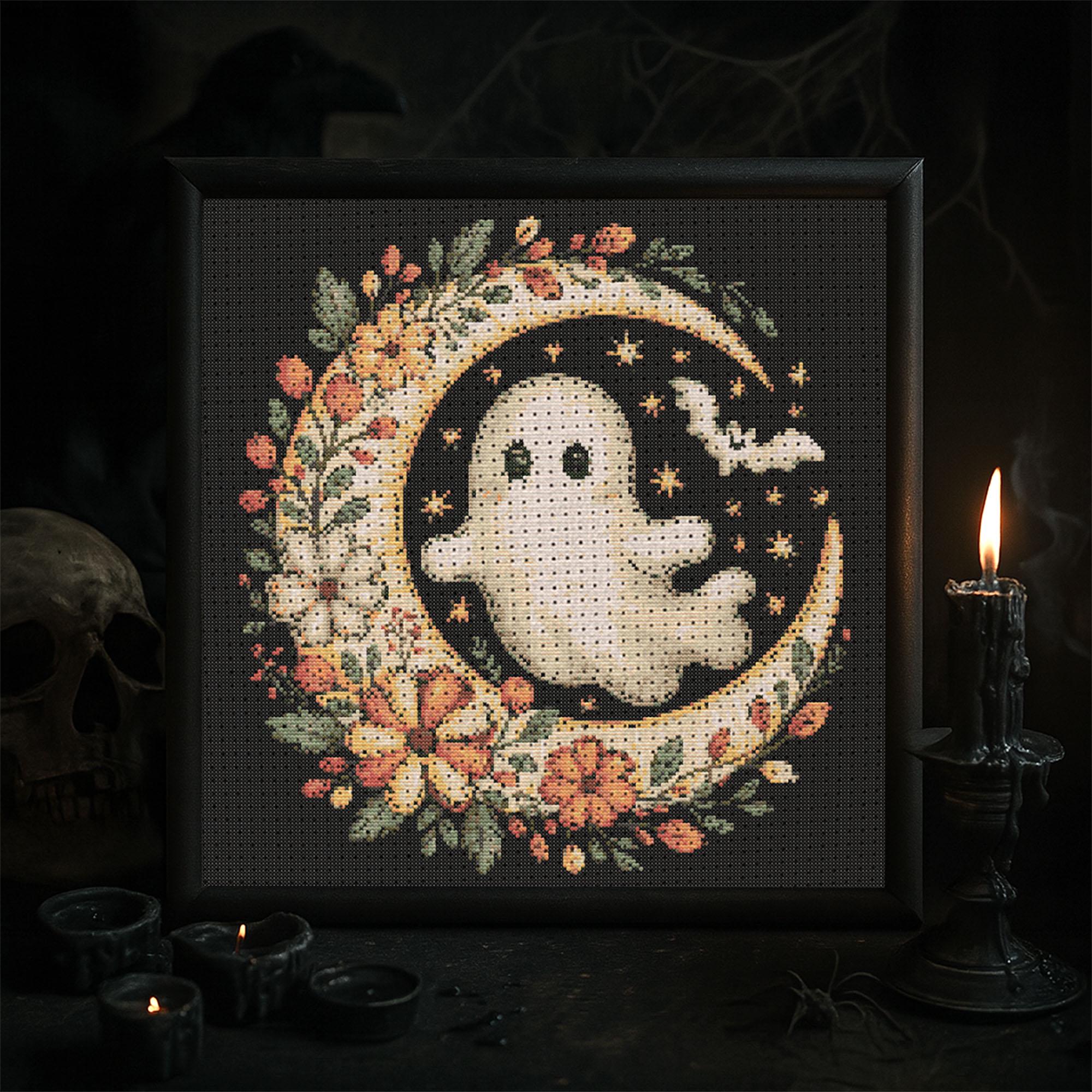 Ghost on Moon Cross Stitch Pattern Gothic Halloween Crescent Moon ...