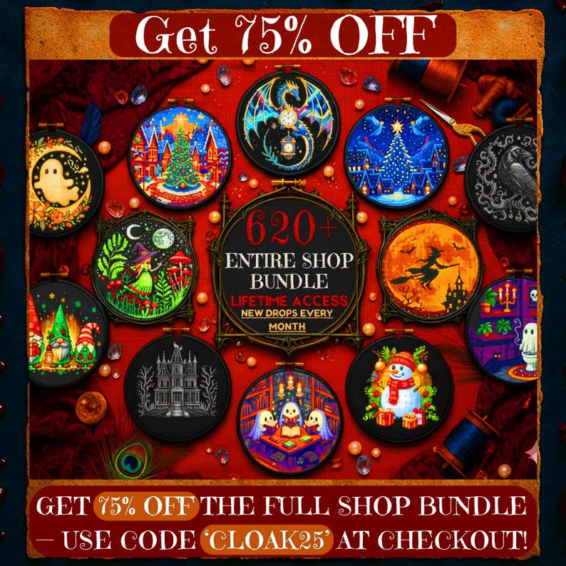 Sleeping Dragon Cross Stitch Pattern – Fantasy Embroidery PDF with Magic Bookshelf, Potions, Black Cat & Crystal Nest Design image 8
