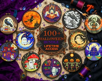 Paquete de patrones de punto de cruz de Halloween: más de 100 fantasmas, brujas y bordados espeluznantes (acceso de por vida)