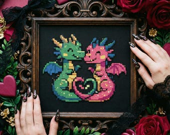 Modèle de point de croix Dragon de la Saint-Valentin : broderie coeurs d'amour avec dragons jumeaux kawaii (PDF)