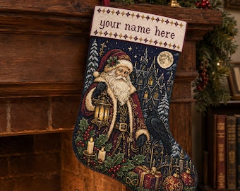 May include: A dark blue Christmas stocking featuring a detailed needlepoint design of Santa Claus holding a lantern, a black raven, a gothic building, and wrapped gifts. The top cuff is cream-coloured with the text your name here in red.