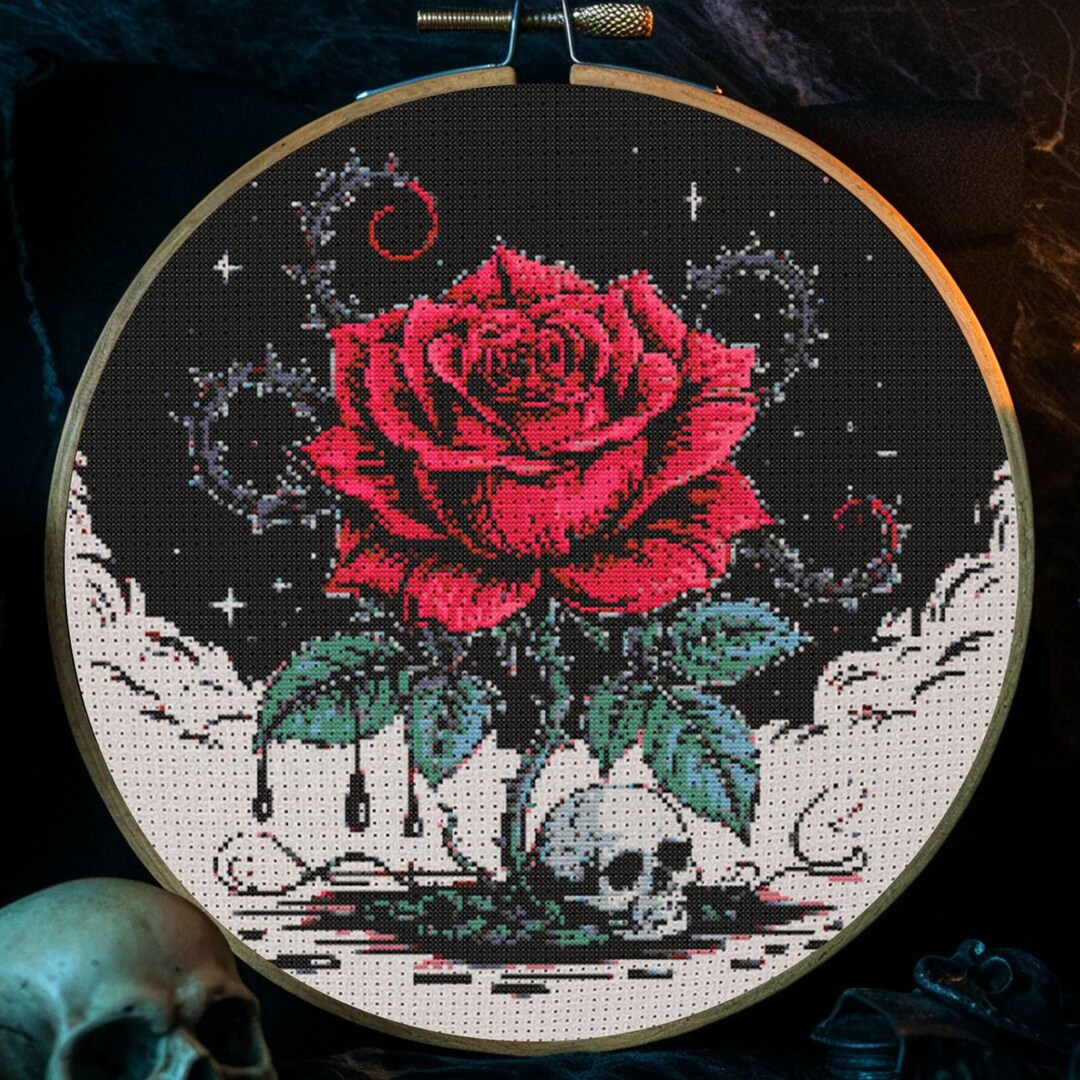 Gothic Rose Skull Cross Stitch Pattern Halloween Dark Skull Flower ...
