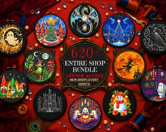 Paquete de patrones de punto de cruz: toda la tienda con más de 620 patrones de bordado en PDF de fantasía, Halloween y Navidad (acceso de por vida).