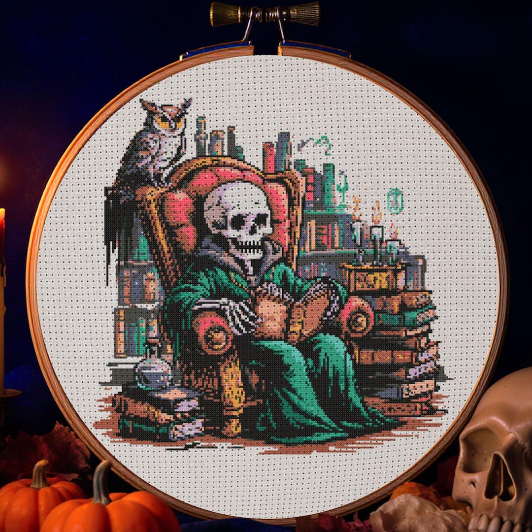 Dark Skeleton Reading Cross Stitch Pattern Gothic Skeleton Library ...