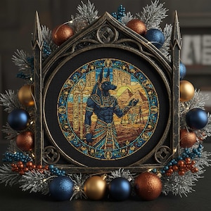 Puede incluir: Un bordado enmarcado que representa al dios egipcio Anubis, rodeado por una corona navideña con adornos azules y cobrizos. La obra de arte está en un marco de estilo gótico, con un fondo negro.