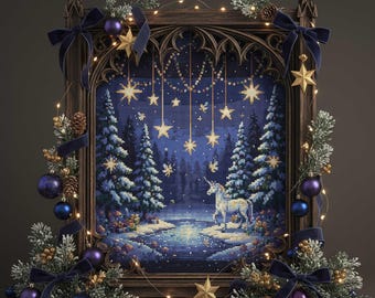 Starry Night Unicorn Cross Stitch Pattern: Christmas Forest Lights Fantasy (PDF Embroidery)