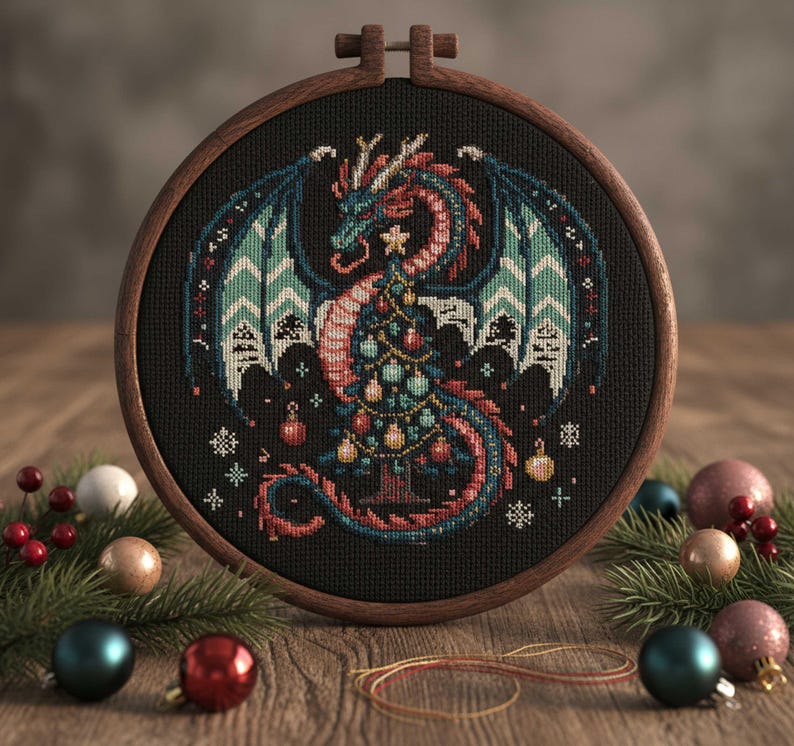 Christmas Dragon Cross Stitch Pattern Gothic Fantasy Dragon With Tree ...