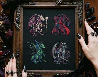 Patrón de punto de cruz de dragón gótico: bordado de dragones no muertos, de sombras y guerreros (PDF)