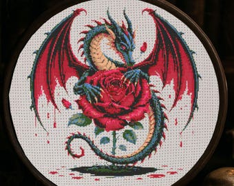Gothic Dragon Rose Cross Stitch Pattern Halloween Dark Dragon Flower Embroidery Spooky Horror Gothic Dragon Fantasy Halloween Cross Stitch