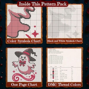 May include: A cross-stitch pattern pack with charts for color symbols, black and white symbols, and a one-page chart. The pack includes DMC thread color details. The design features a ghost wearing a witch hat.