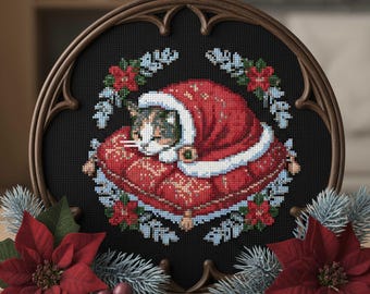 Weihnachtskatze in der Weihnachtsmütze Kreuzstichmuster (PDF)