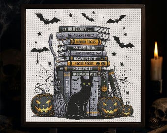 Black Cat Books Cross Stitch Halloween Spell Books Embroidery Pumpkins Bats Witch Library Spooky Gothic Horror Fantasy Cross Stitch PDF