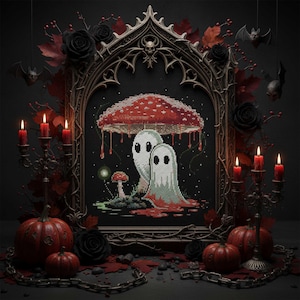 Peut inclure: Une œuvre d'art gothique au point de croix représentant deux fantômes sous un champignon rouge. L'œuvre est encadrée d'une arche sombre et ornée, entourée de roses noires, de citrouilles et de bougies allumées. Des chauves-souris sont suspendues en arrière-plan.