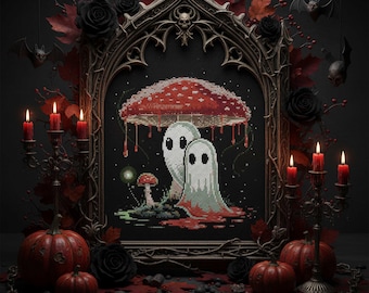 May include: A gothic cross-stitch picture of two ghosts under a red mushroom. The artwork is framed with a dark, ornate arch, surrounded by black roses, pumpkins, and lit candles. Bats hang in the background.