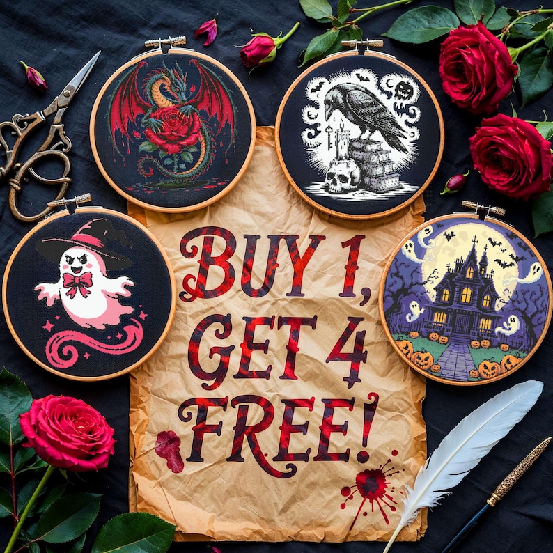 May include: Four embroidered hoops with Halloween and gothic themes, including a dragon, raven, ghost, and haunted house. The text "BUY 1, GET 4 FREE!" is displayed on a parchment paper. Red roses and a feather quill are also present.