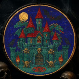Spookvampierkasteel kruissteek patroon Halloween Dark Fantasy kasteel borduurwerk gotisch spookachtig spookhuis draken kruissteek PDF
