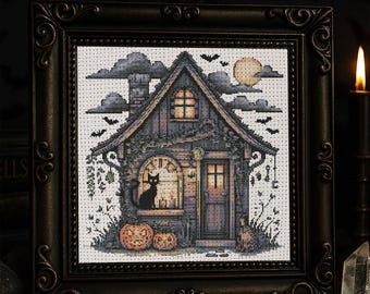 Haunted Cottage Kreuzstichmuster Gothic Hexenhaus Stickdatei Geisterhaus Halloween mit Kürbisse Kürbisse Mond Fledermäuse Kreuzstich PDF