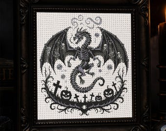 Patrón de punto de cruz de dragón de fantasía oscura para Halloween, bordado de dragón oscuro, terror espeluznante, dragón gótico, fantasía de Halloween, PDF de punto de cruz
