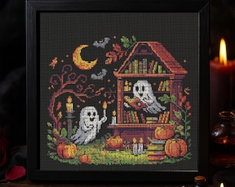 Haunted Ghost Library Cross Stitch Pattern Halloween Spooky Ghosts Reading Embroidery Books Candles Pumpkins Gothic Fantasy Cross Stitch PDF