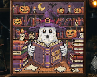 Ghost Librarian Cross Stitch Pattern Halloween Witch Embroidery Spooky Haunted Library Books Pumpkins Candles Gothic Fantasy PDF Sampler