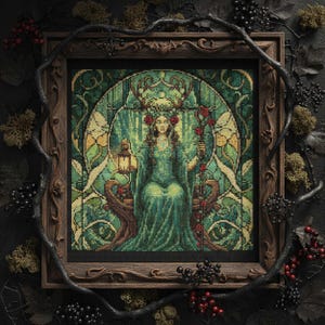 Pode incluir: Uma obra de arte em ponto cruz emoldurada, apresentando uma mulher em um vestido verde, segurando uma lanterna e um bastão, contra um fundo em estilo vitral. Vinhas escuras e bagas envolvem a moldura, criando um tema místico e de fantasia.