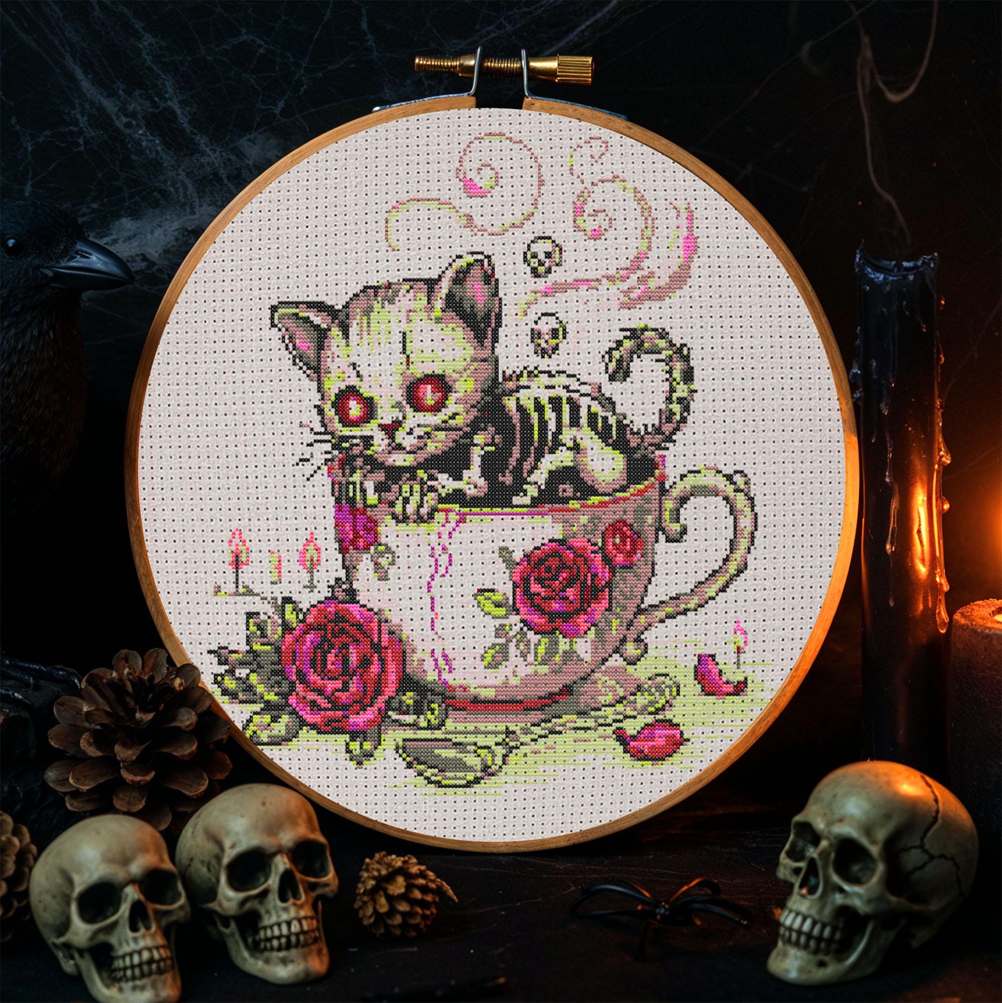 Zombie Pattern Stitch Zombie Kitten Cross Stitch Pattern Cat in Floral Teacup Embroidery ...