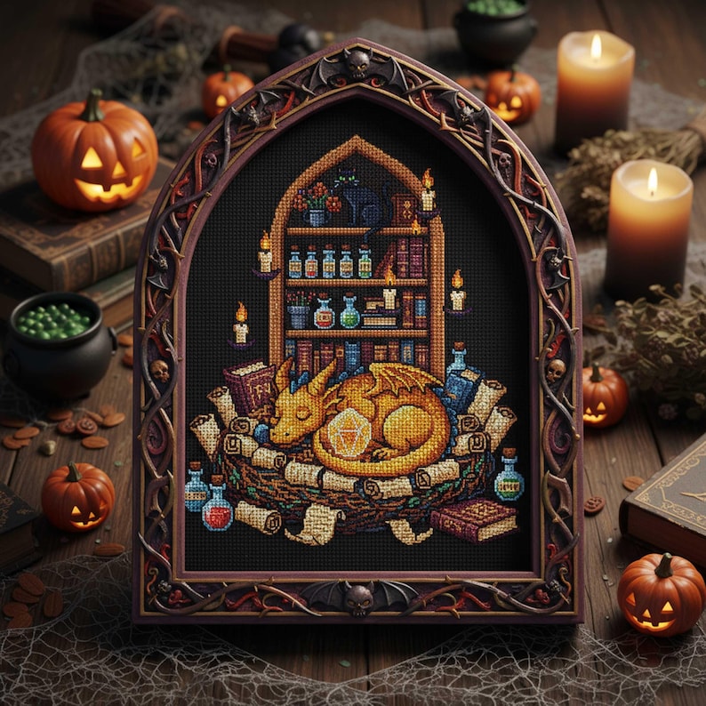 Golden Dragon Cross-Stitch Pattern PDF – Baby Dragon Sleeping in Library
A fantasy embroidery design of a golden baby dragon curled up in its nest, surrounded by glowing candles, potion bottles, scrolls, and bookshelves. A cozy gothic library atmosphere makes this cross-stitch perfect for dragon lovers and fantasy décor.
Fantasy Library Dragon Cross-Stitch PDF – Magical Embroidery Scene
This enchanted embroidery PDF features a golden dragon sleeping in front of a potion-filled bookshelf
