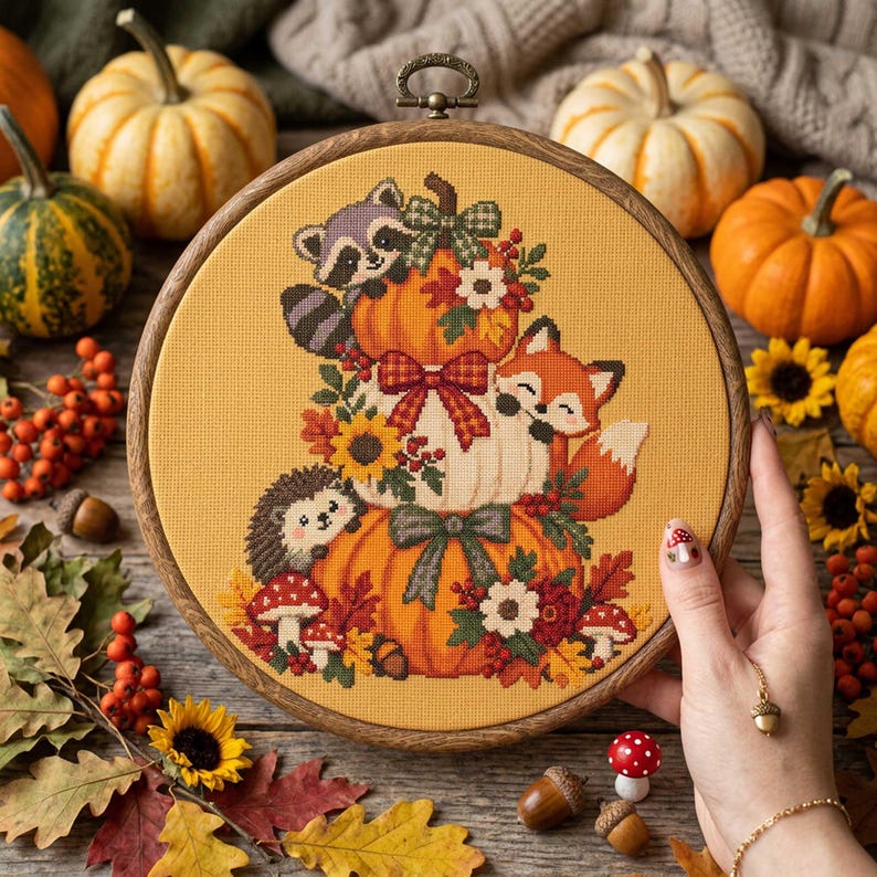 Fall Raccoon Patterns Autumn Woodland Animals Cross Stitch Pattern: Fox Raccoon Hedgehog ...