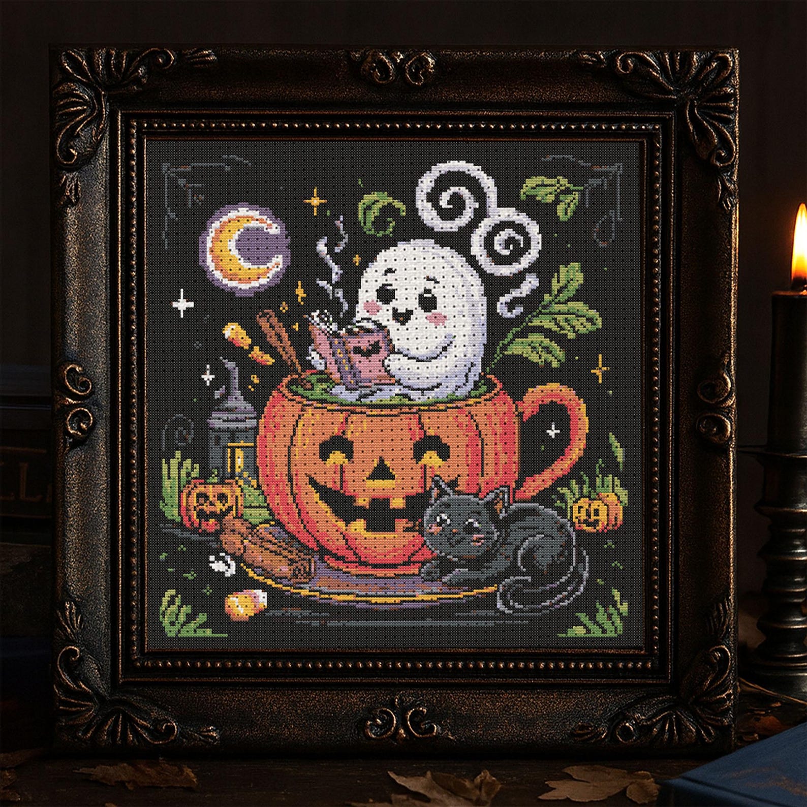 Pumpkin Cup Ghost Cross Stitch Pattern Cute Halloween Ghost Embroidery ...