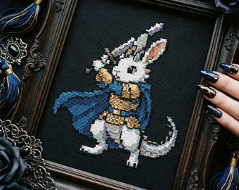 Patrón de punto de cruz de guerrero conejo: bordado de caballero de fantasía chibi en PDF