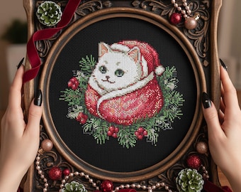 Weihnachtskatze Stickmuster: Feiertags Kreuzstich (PDF-Muster)