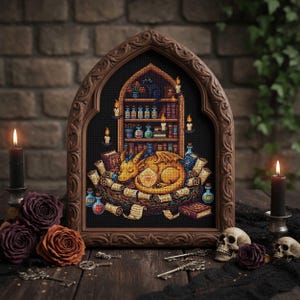 Golden Dragon Cross-Stitch Pattern PDF – Baby Dragon Sleeping in Library
A fantasy embroidery design of a golden baby dragon curled up in its nest, surrounded by glowing candles, potion bottles, scrolls, and bookshelves. A cozy gothic library atmosphere makes this cross-stitch perfect for dragon lovers and fantasy décor.
Fantasy Library Dragon Cross-Stitch PDF – Magical Embroidery Scene
This enchanted embroidery PDF features a golden dragon sleeping in front of a potion-filled bookshelf