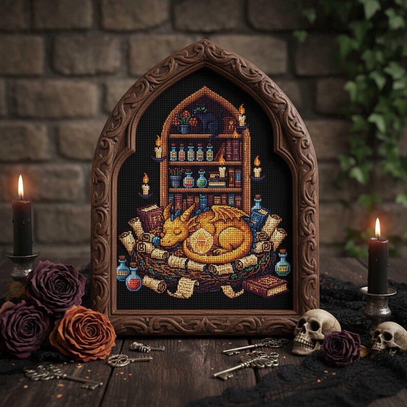 Golden Dragon Cross-Stitch Pattern PDF – Baby Dragon Sleeping in Library
A fantasy embroidery design of a golden baby dragon curled up in its nest, surrounded by glowing candles, potion bottles, scrolls, and bookshelves. A cozy gothic library atmosphere makes this cross-stitch perfect for dragon lovers and fantasy décor.
Fantasy Library Dragon Cross-Stitch PDF – Magical Embroidery Scene
This enchanted embroidery PDF features a golden dragon sleeping in front of a potion-filled bookshelf