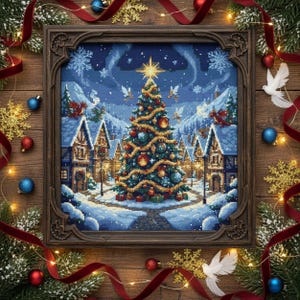 Modèle de point de croix village sapin de Noël : anges des fêtes d'hiver (Modèle PDF)