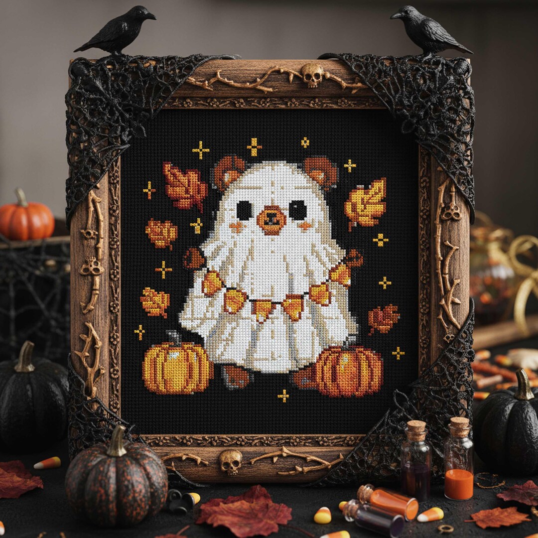 Ghost Bear Cross Stitch Pattern Cute Halloween Embroidery PDF Autumn ...