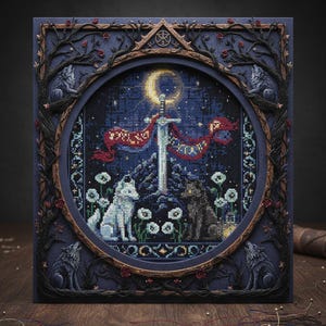 May include: A framed cross-stitch artwork featuring a night scene with a sword, moon, and wolves. The design includes a central circular image with a sword piercing a banner, flanked by two wolves and white flowers. The frame is dark blue with decorative elements.