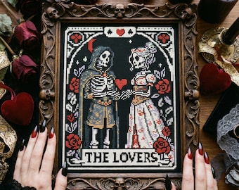 Schema punto croce di San Valentino: coppia di scheletri gotici, ricamo dei tarocchi degli amanti (PDF)