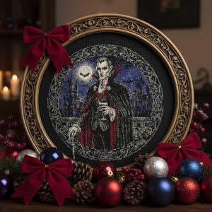 Vampire Lord Cross Stitch Pattern: Gothic Castle and Full Moon Portrait (PDF Embroidery)