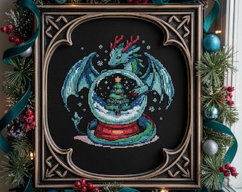 Christmas Dragon Snow Globe Cross Stitch Pattern Gothic Fantasy Embroidery Spooky Holiday Tree Winter Magic Antler Dragon Cross Stitch PDF