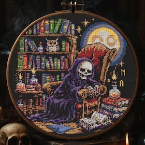 Gothic Skeleton on Throne Cross Stitch Pattern Skeleton Library Embroidery Spooky Horror Magic Dark Academia Halloween Cross Stitch PDF