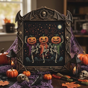 May include: A framed Halloween cross-stitch featuring three dancing skeletons with pumpkin heads, wearing capes. The frame is dark brown with bat wings and skull accents. The scene is set against a starry night sky with a full moon. Pumpkins, skulls, and lanterns surround the frame.